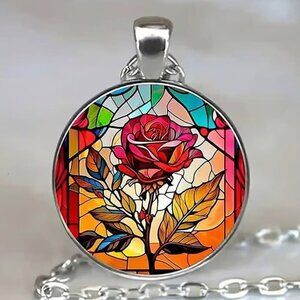 Silver RED ROSE Glass Cabochon Pendant Necklace